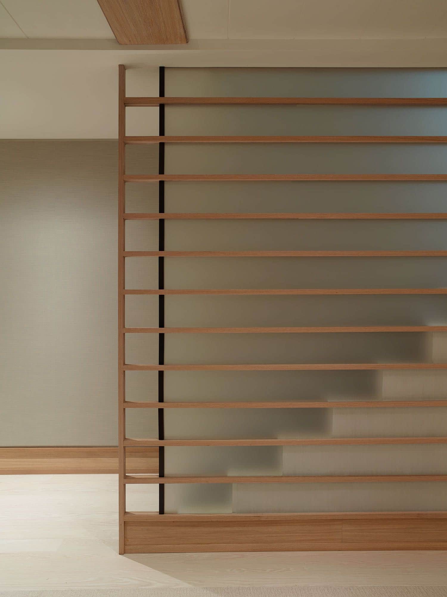 Designed by Carol Egan this image shows a detail of the stair design into the basement of the home.  Oak and etched glass by Bendheim Glass Co. create a translucent wall that aligns with the stair threads beyond.