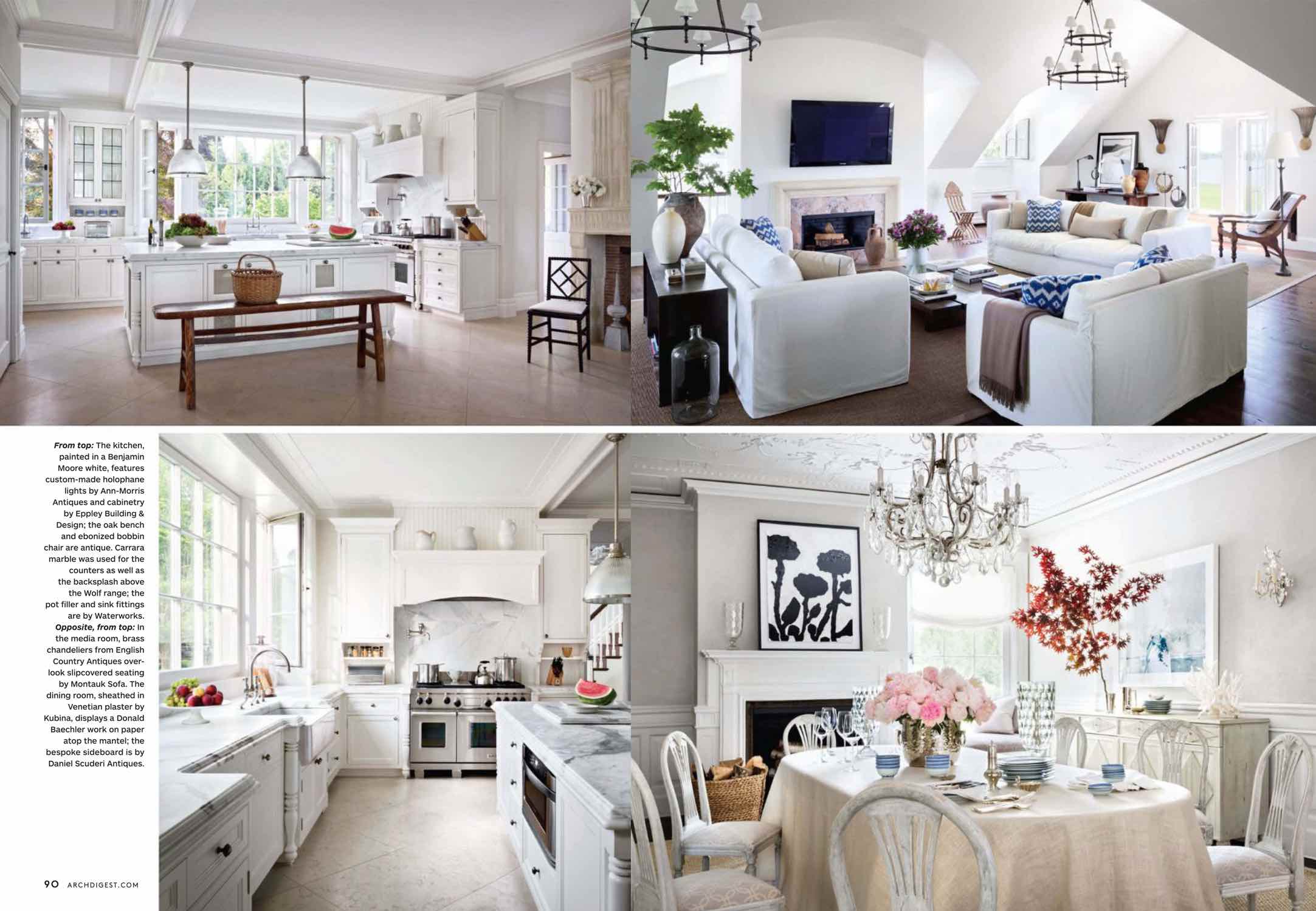 The kitchen painted in a Benjamin Moore white, features custom-made holophane lights by Ann-Morris Antiques and cabinetry by Eppley Building & Design; the oak bench and ebonized bobbin chair are antique.  Carrara marble was used for the counters as well as the backsplash above the Wolf range; the pot filler and sink kfittings are by Waterworks.  In the media room, brass chandeliers from English Country Antiques overlook slipcovered seating by Montauk sofa.  The dining room, sheated in Venetian plaster by Baechler work on paper atop the matel; the bespoke sideboard is by Daniel Scuderi Antiques.  Interior design by Carol Egan.