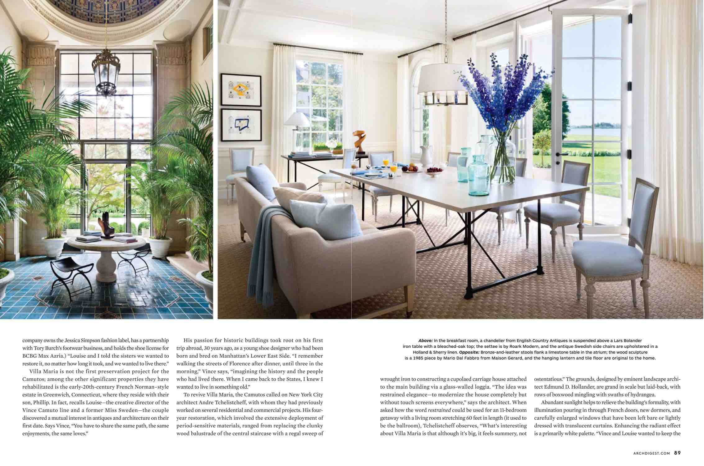 In the breakfast room, a chandelier from English Country Antiques is suspended above a Lars Bolander iron table with a bleached-oak top; the settee is by Roark Modern, and the antique Swedish side chairs are upholstered in a Holland & Sherry linen.  Bronze-and-leather stools flank a limestone table in the atrium; the wood sculpture is a 1985 piece by Mario Dal Fabbro from Maison Gerard, and the hanging lantern and tile floor are original to the home.  All areas designed by Carol Egan Interiors.