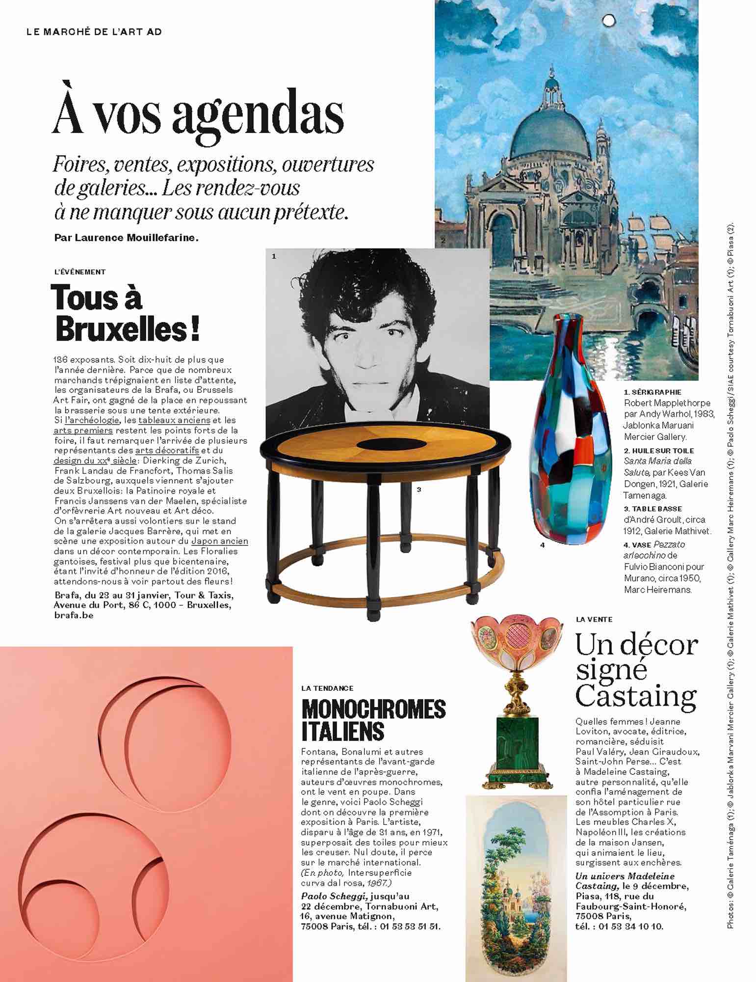 French Architectural Digest published on January 2016 featuring an article on Carol Egans solo exhibition at PAD London sponsored by Galerie BSL, page 80.