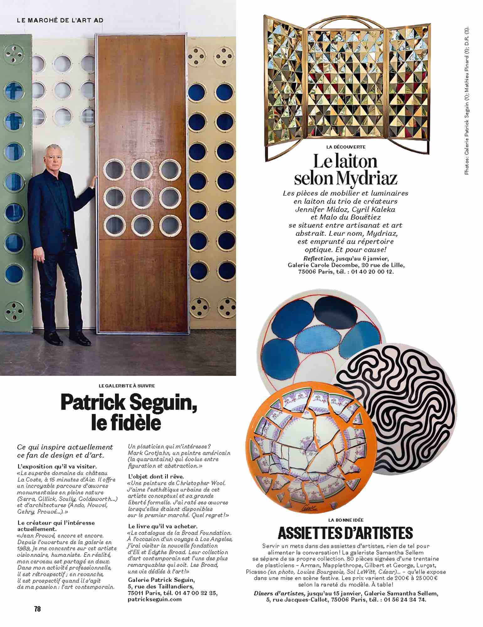 French Architectural Digest published on January 2016 featuring an article on Carol Egans solo exhibition at PAD London sponsored by Galerie BSL, page 80.