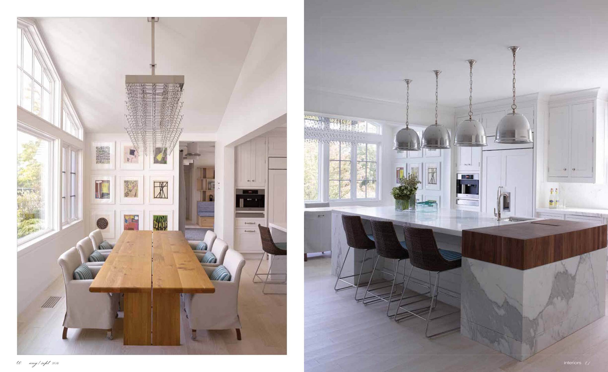 Designed by Carol Egan, this image shows the breakfast room table and chairs with Artwork by Jorge Fick.  The Oak dining table is flanked by linen slipcovered Piet boon dining chairs.  The kitchen is shown in this image with "Oskar" hanging lights from Remains Lighting over the large marble and butcher block Island.  The kitchen Cabinets are from Peacock Kitchen.  Window treatment in Tropicale Mauritius linen fabric by Davis & Warshow.