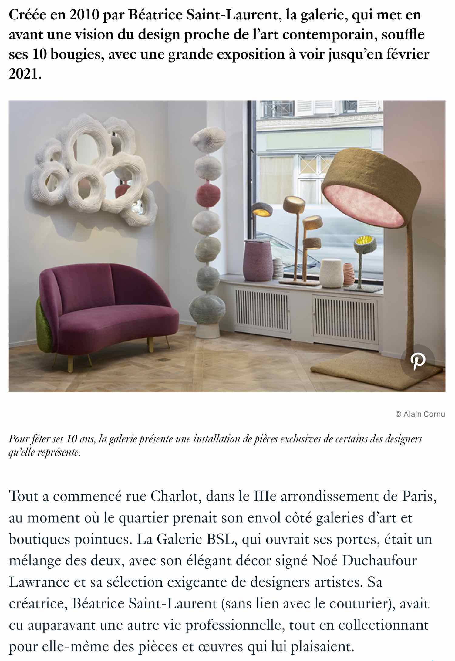 French Architectural Digest published on October 2020 featuring an article on Galerie BSLs 10th anniversary with Carol Egans furniture, page 12.