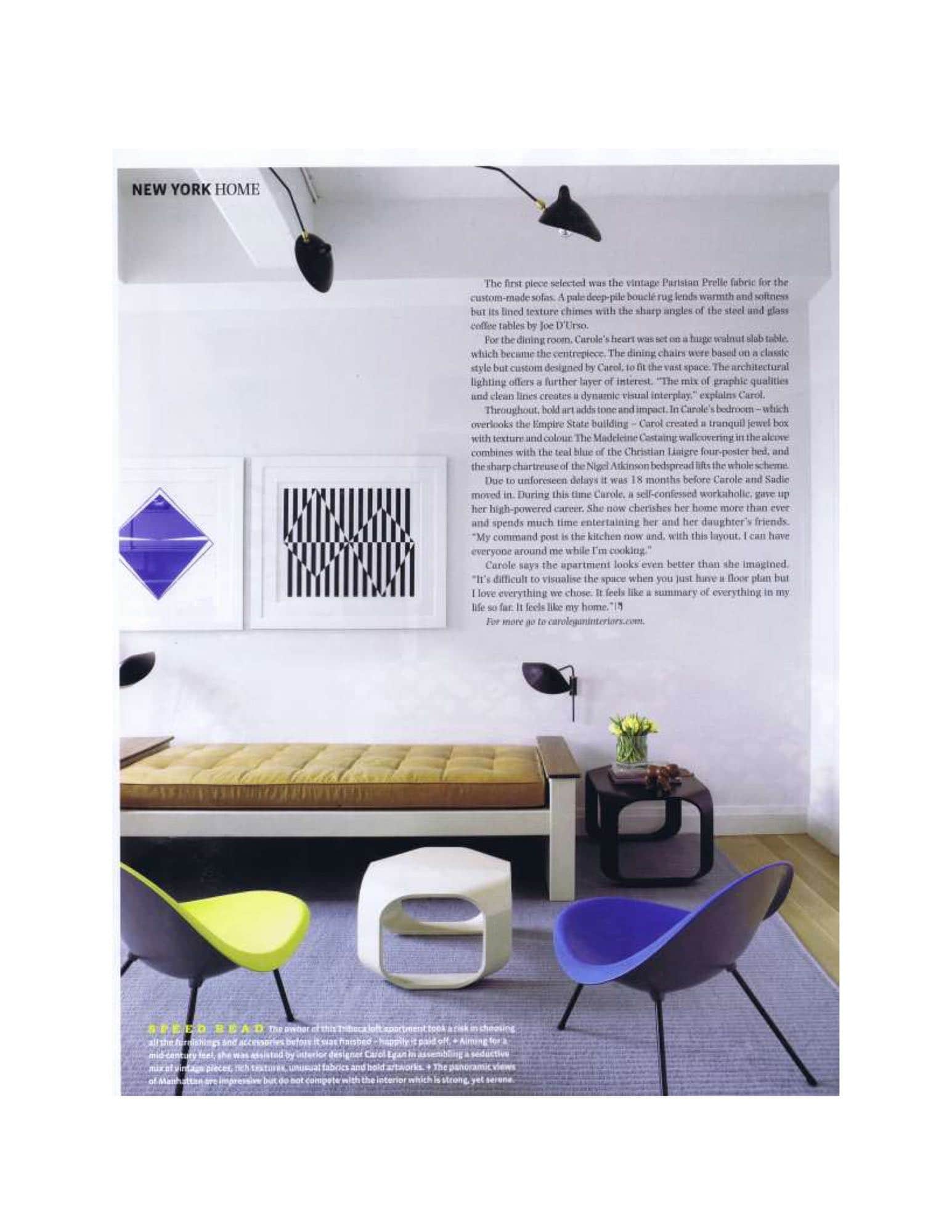 A photograph of a room design by Carol Egan with aluminum tripod chairs by Poul Kjaerholm, twist side table by Lepere, "Chaise en Boise" by Jean Prouve from Sam Kaufman and Mid-century modern rotating curved arm wall lamp by Serge Mouille. Artwork: Silkscreen: "Black & White" by Carmen Herrera.