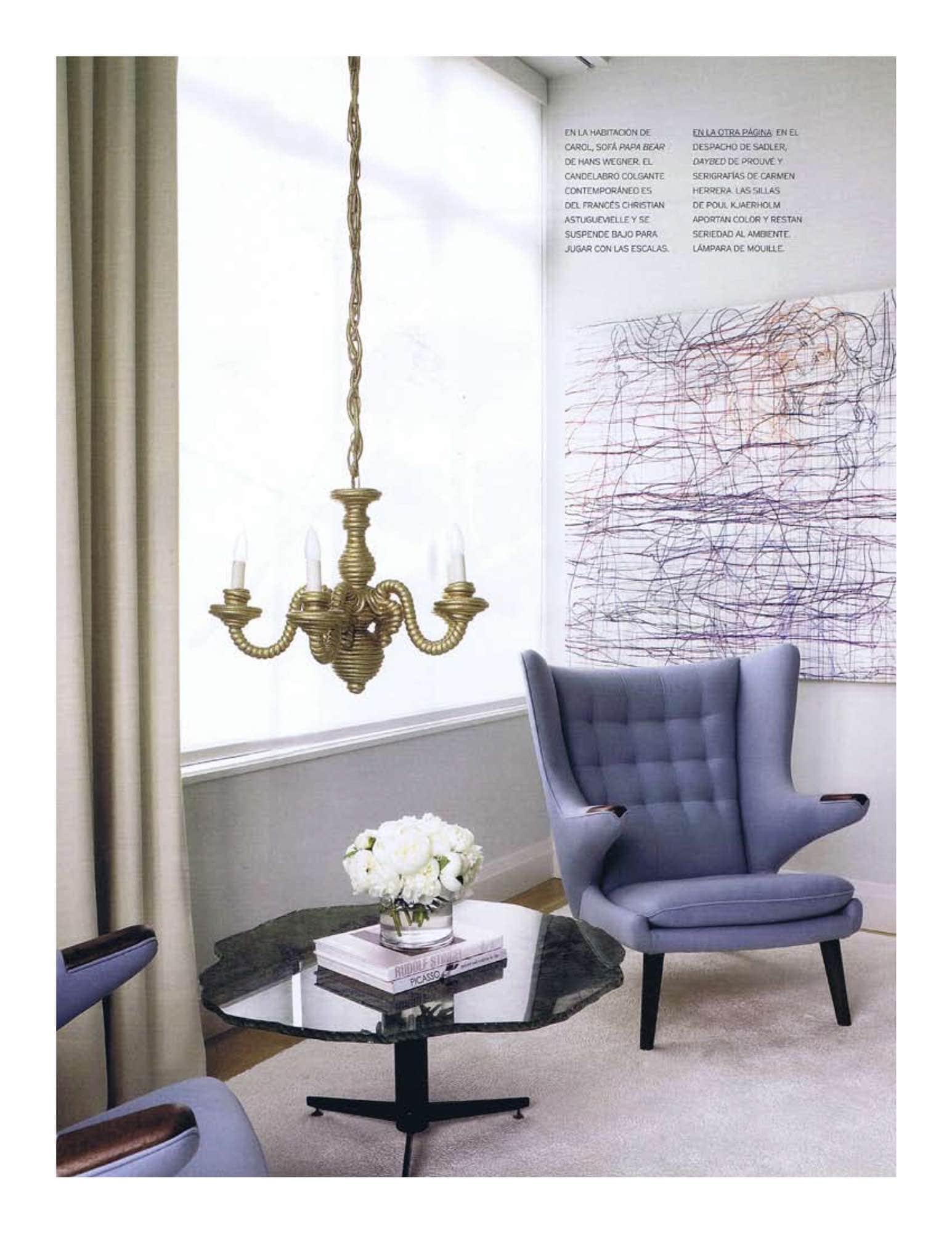 Master bedroom designed by Carol Egan Inteiors with Hans J. Wgner "Papa Bear" chair, contemporary rope chandelier by Christian Astuguevieille and artwork is by Ghada Amer.