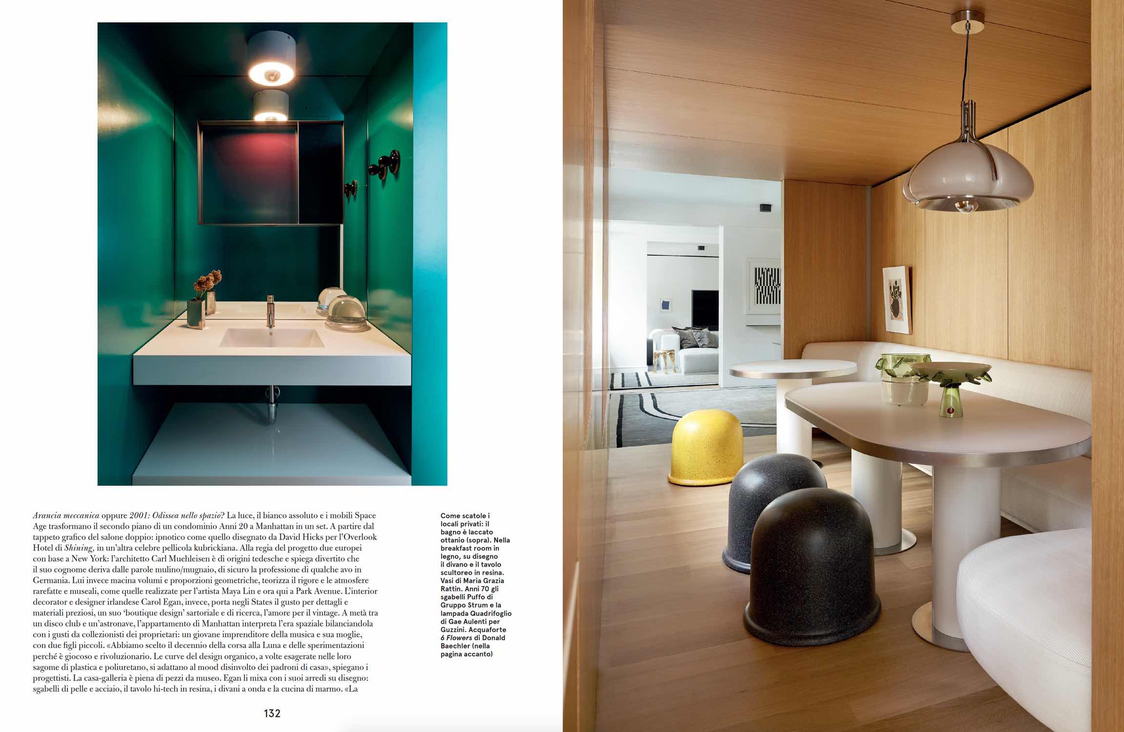 A photograph of a powder room with flushmount light by Cini Boeri and fragmented mirror by Françoise Turner-Larcade, and breakfast room with custom banquette design by Studio Carol Egan, Puffo stool by Gruppo Sturm, custom pedestal tables in 3Form Chroma engineered resin and Quadrifoglio pendant light by Gae Aulenti.  Interior design by Carol Egan.