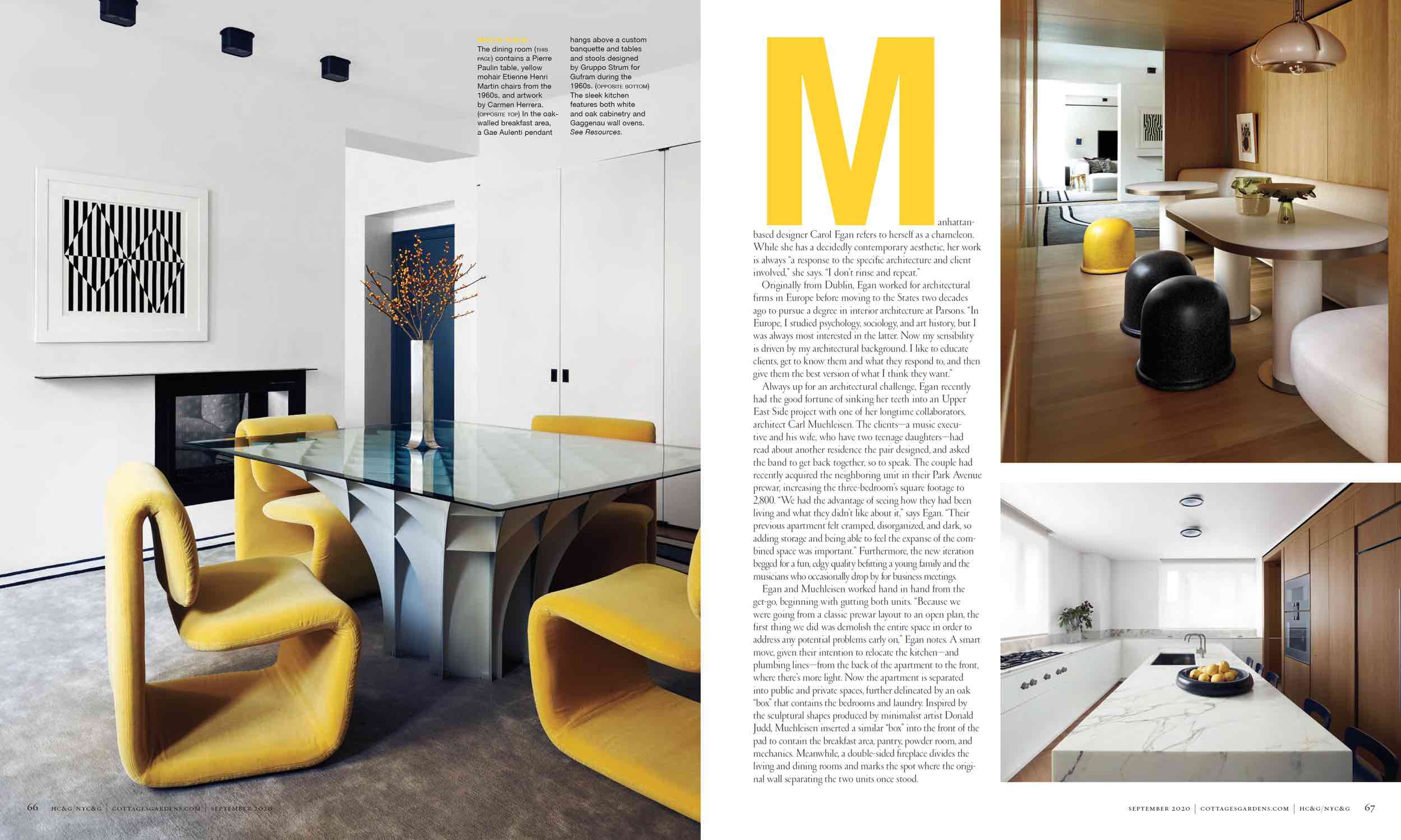 The dining room contains a Pierre Paulin table, yellow mohair Etienne Henri Martin chairs from the 1960s, and artwork by Carmen Herrera. In the oak-walled breakfast area, a Gae Aulenti pendant hangs above a custom banquette and tables and stools designed by Gruppo Strum for Gufram during the 1960s.  The sleek kitchen features both white and oak cabinetry and Gaggenau wall ovens.  Interior design by Carol Egan.