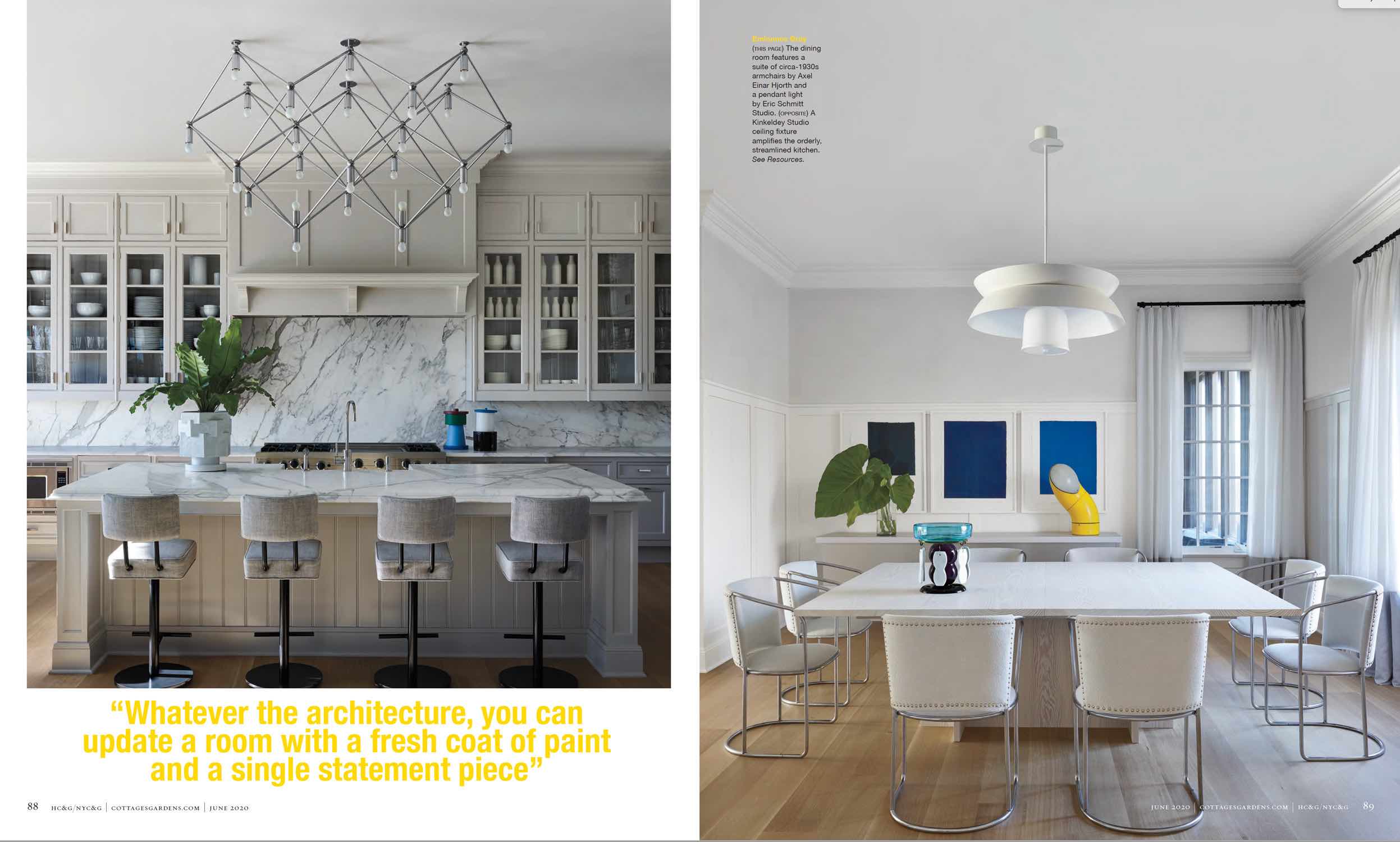 Photographs of two dining areas designed by Carol Egan Interiors.  The dining room features a suite of circa-1930s armchairs by Axel Einar Hjorth and a pendant light by Eric Schmitt Studio. A Kinkeldey Studio ceiling fixture amplifies the orderly, streamlined kitchen.