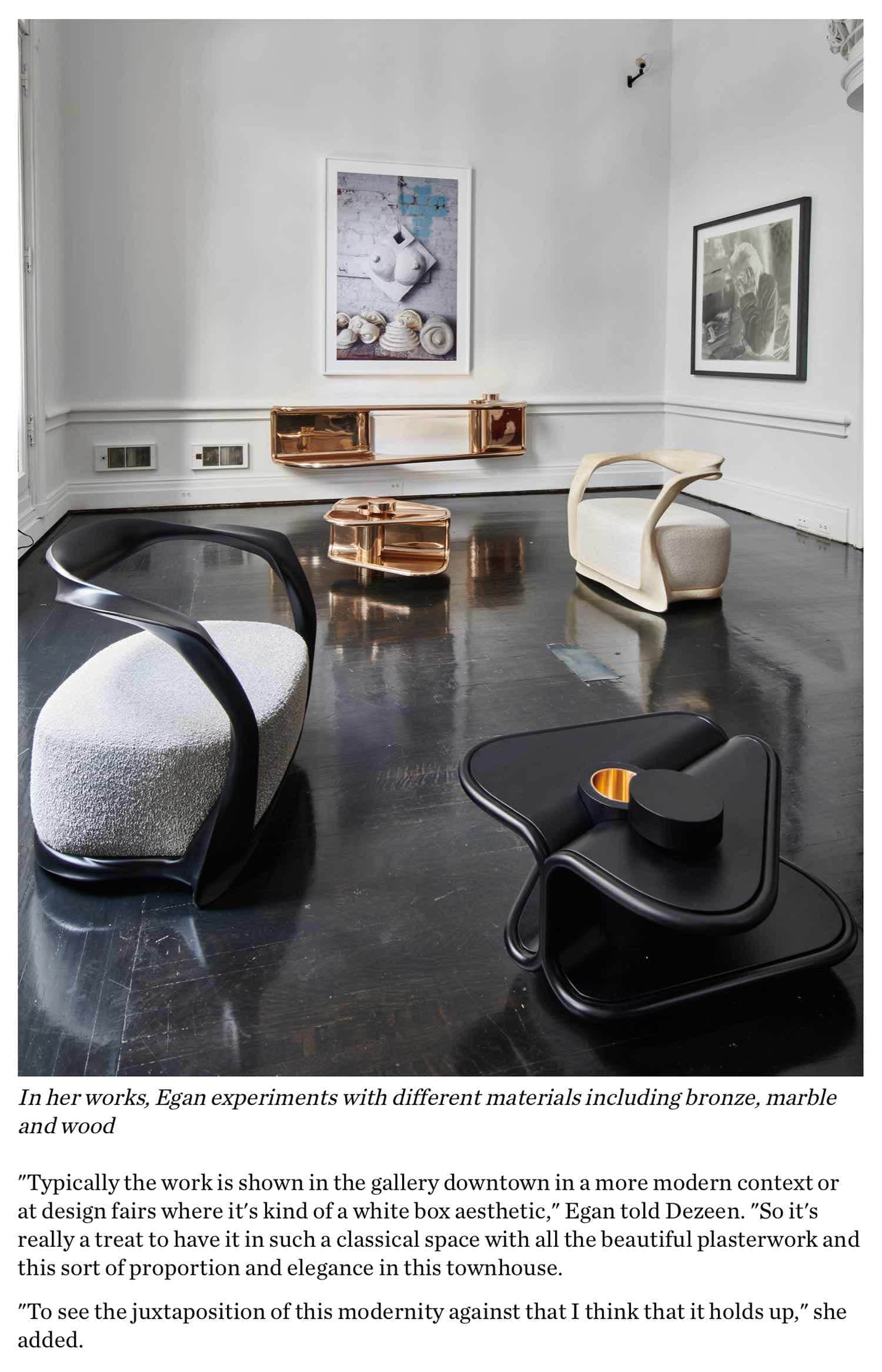 In her works, Carol Egan experiments with different materials including bronze, marble and wood.  Shown in the image are Carol Egan furniture design - CE15 Ombre Chair, CE22 Second Empress Coffee Table and CE21 Double Emperor Flying Wall Shelf.