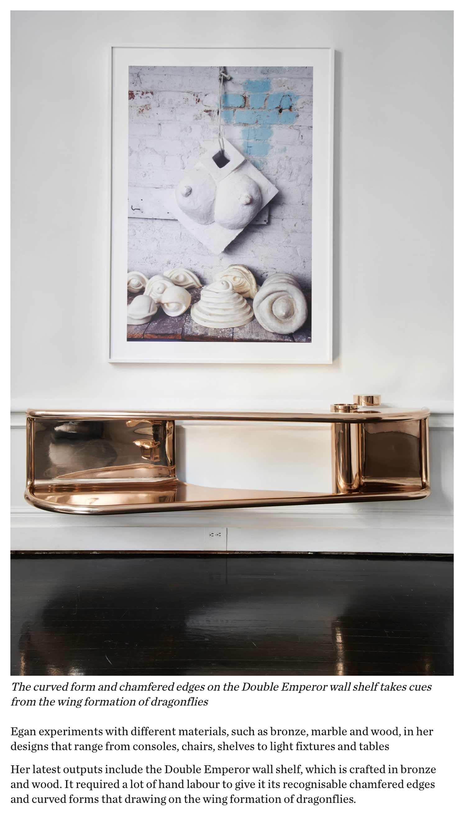 An image of CE21 Double Emperor Flying Wall Shelf by Carol Egan in polished silicon bronze.  The curved form and chamfered edges on the Double Emperor wall shelf takes cues from the wing formation of dragonflies.